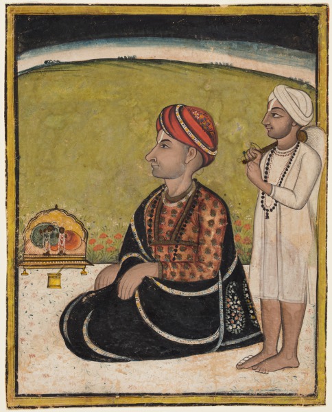 A Ruler Seated on a Terrace Worshipping at a Shrine of Radha and Krishna