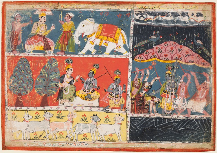 Krishna Lifts Mount Govardhan, from a Bhagavata Purana