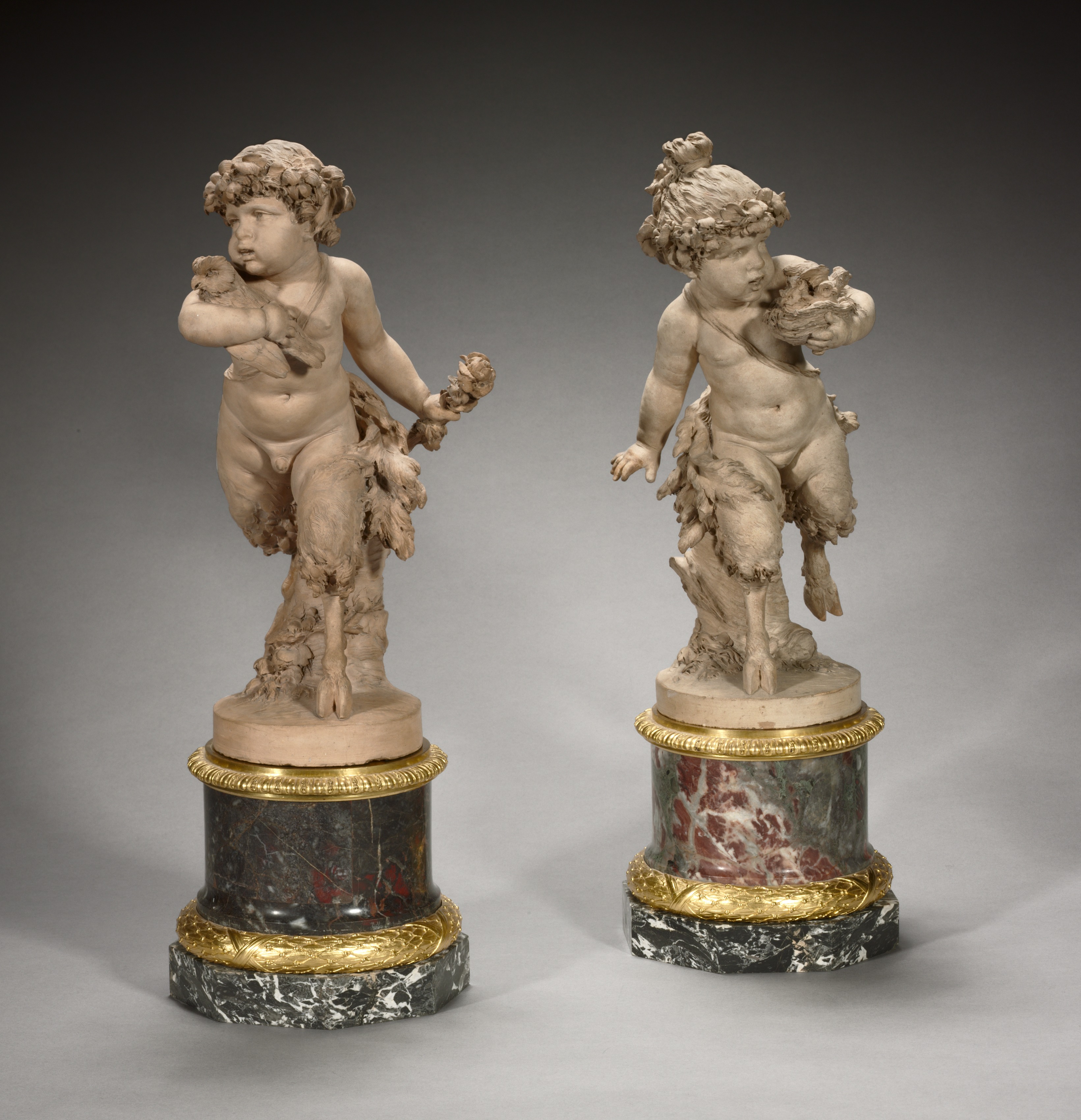 Young Satyress Running with an Owl's Nest and Young Satyr Running with an Owl (pair of statuettes)
