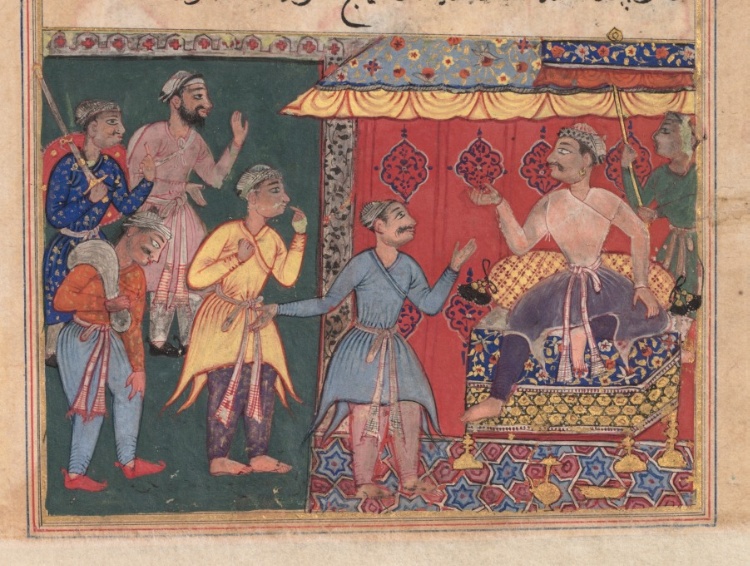 King Bhojaraja tries in vain to ascertain the whereabouts of the pearl from the four travelling companions, from a Tuti-nama (Tales of a Parrot): Twelfth Night