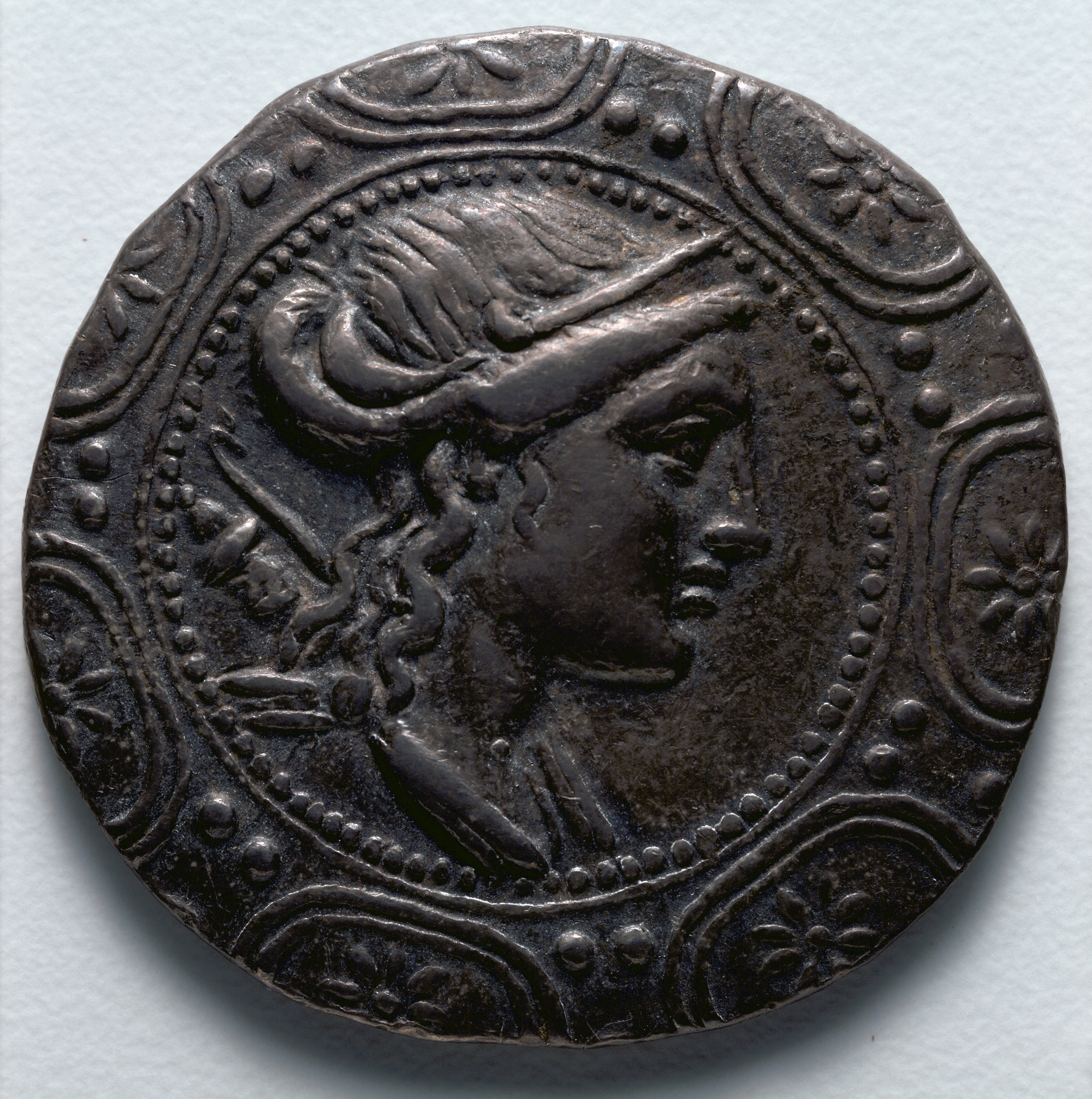 Tetradrachm: Macedonian Shield with Head of Artemis (obverse)