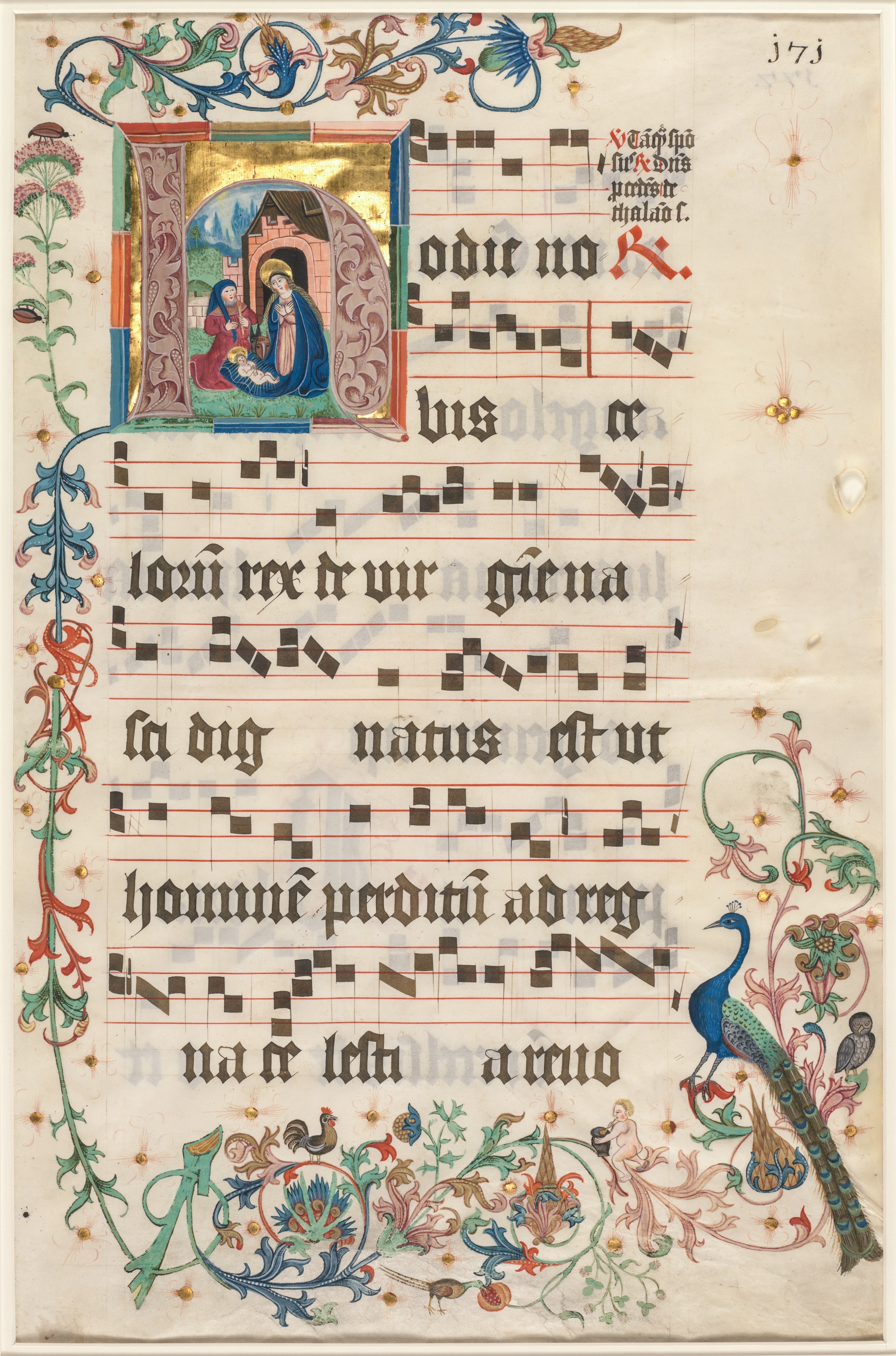 Leaf from an Antiphonary: Initial H with the Nativity (recto)