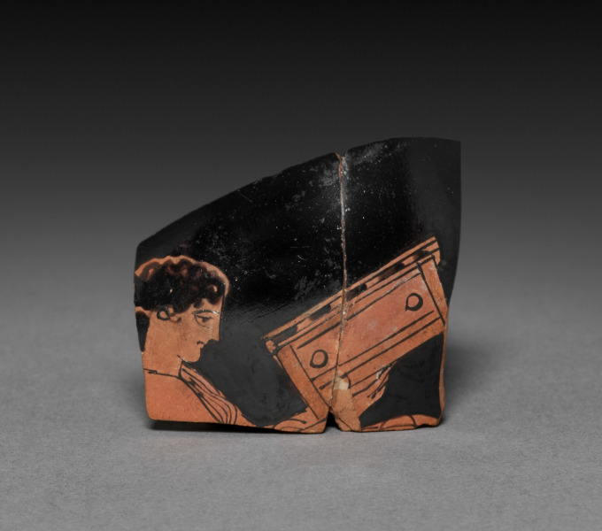 Fragment from Red-Figure Oinochoe (Wine Jug) or Hydria (Water Jar): Woman Holding Box