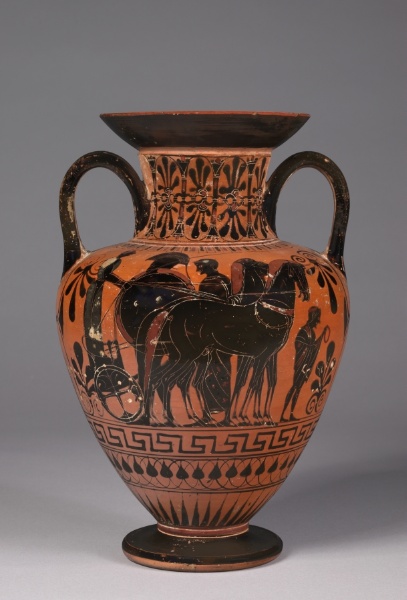 Black-Figure Neck-Amphora (Storage Vessel): Departing Warrior with Chariot (A); Battling Warriors (B)
