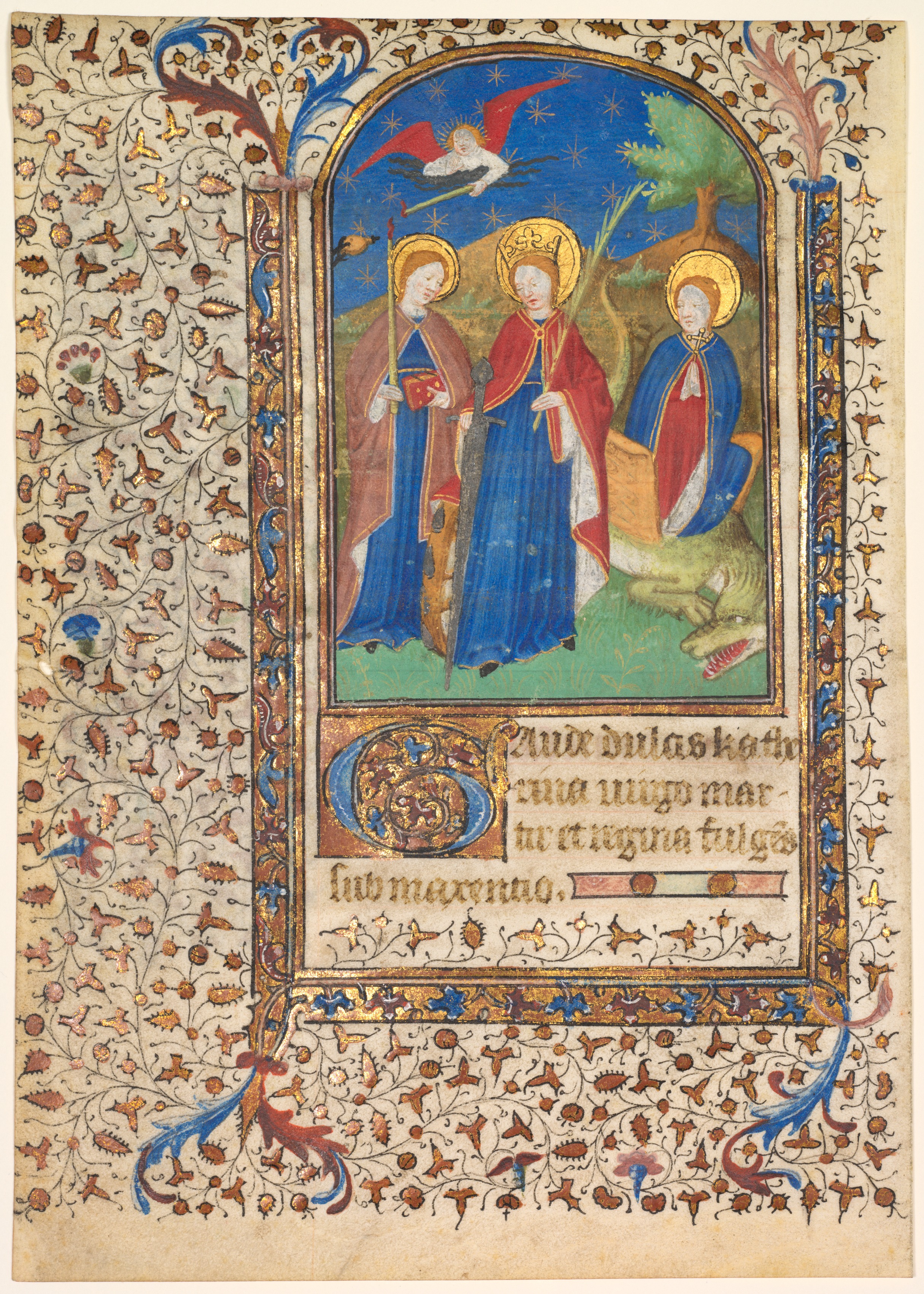 Leaf from a Book of Hours: Sts. Geneviève, Catherine of Alexandria, and Margaret (recto)
