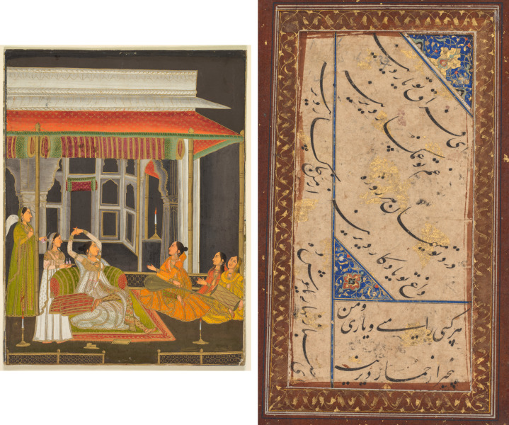 A princess on a terrace with attendants at night (recto); Calligraphy (verso)