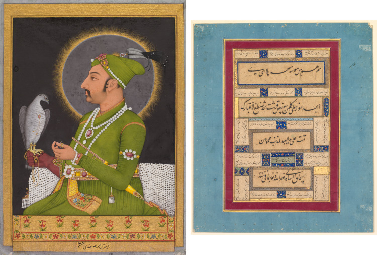 Posthumous portrait of the Mughal emperor Muhammad Shah (reigned 1719–1748) holding a falcon (recto); Calligraphy (verso)