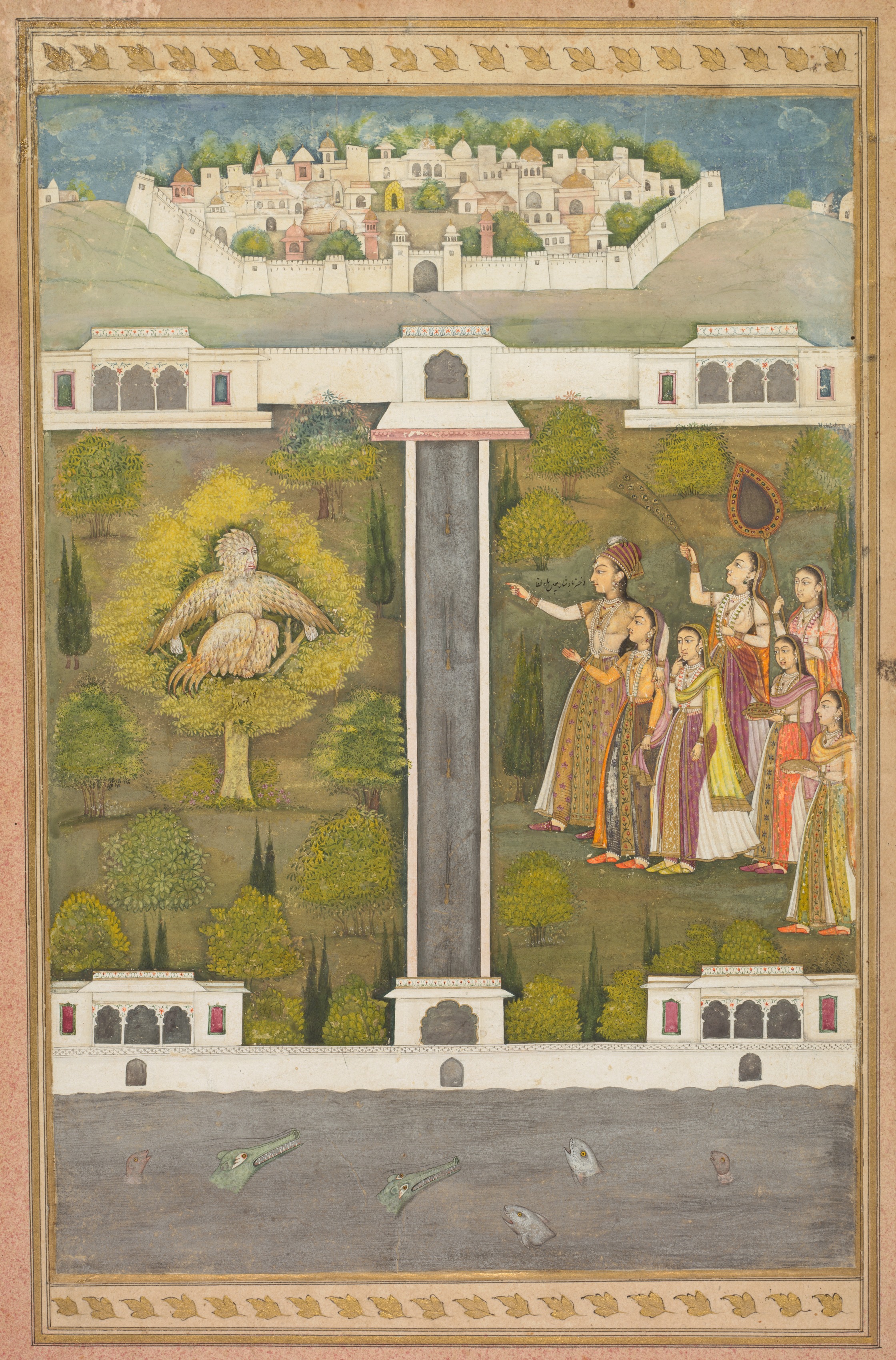 Mahliqa, Daughter of the Emperor of China, Pointing at the Bird-Man Khwaja Mubarak: A Leaf from a Poetical Romance Relating to Shah Alam I (verso); Stenciled Scenes of Lion and Gazelle (verso)