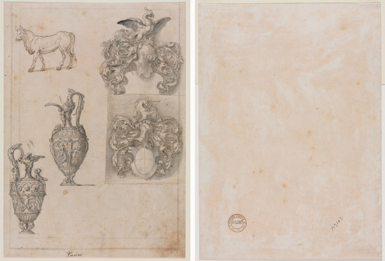 Design for Two Vases, Two Coats of Arms, and a Bull (recto) Several Line Borders (verso)
