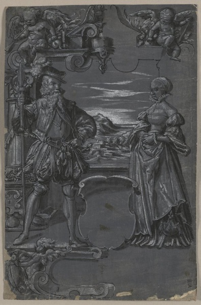 Design for Glass Painting: Man and Woman in Architectural Setting