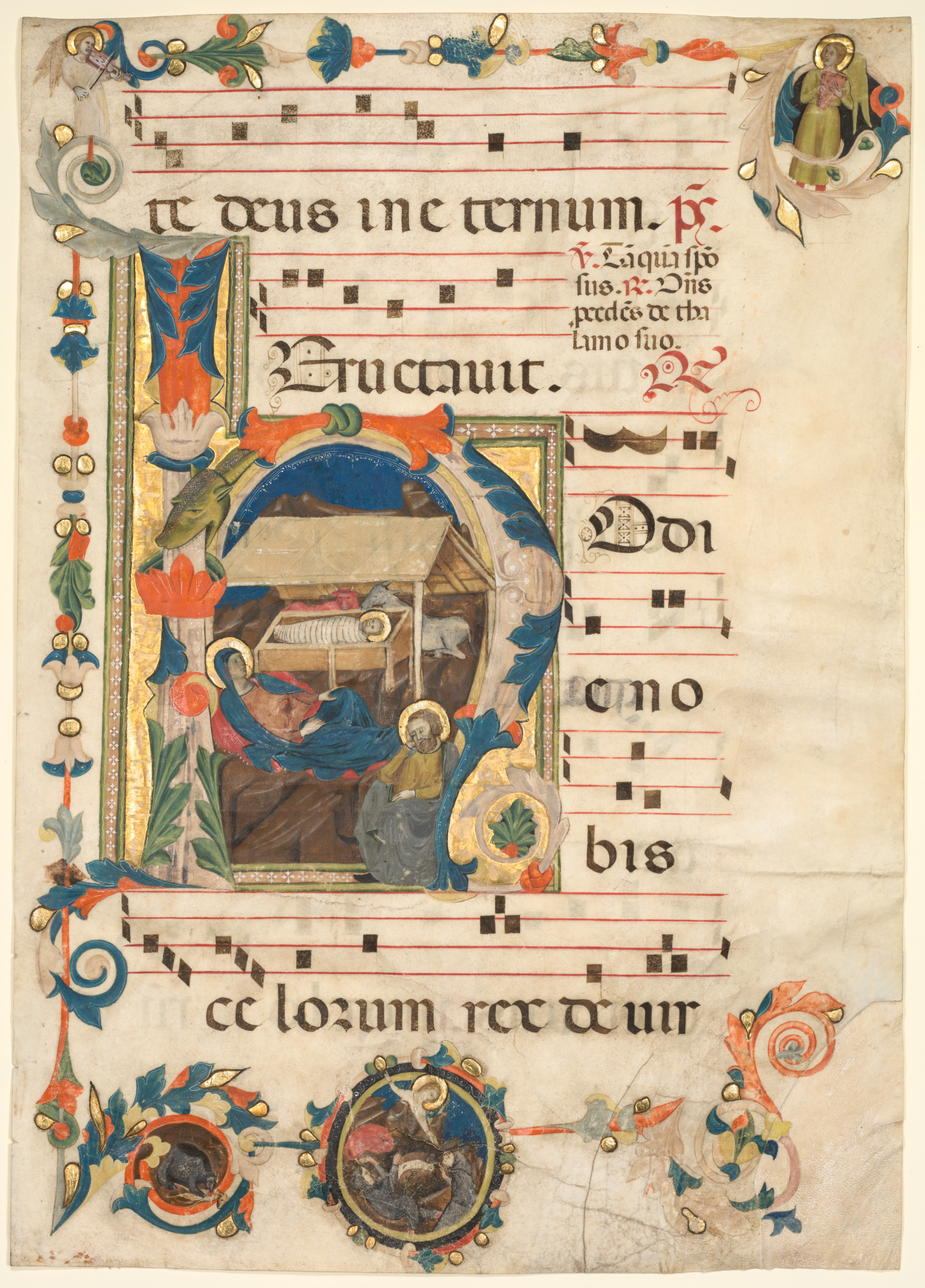 Leaf from an Antiphonary with Historiated Initial (H) with The Nativity (recto)