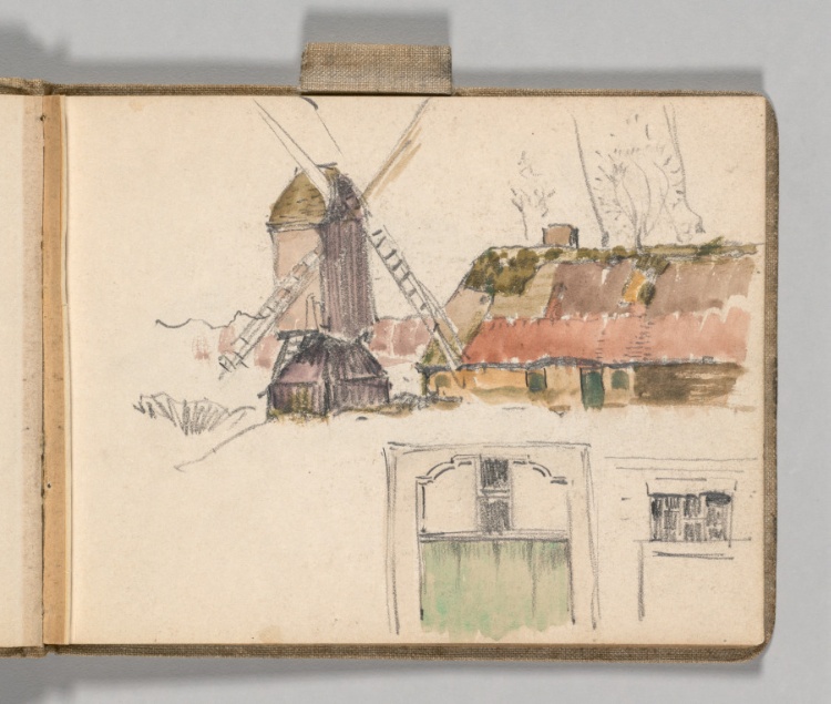 Sketchbook, Holland: Page 21: Windmill and Building with Study of Architectural Features