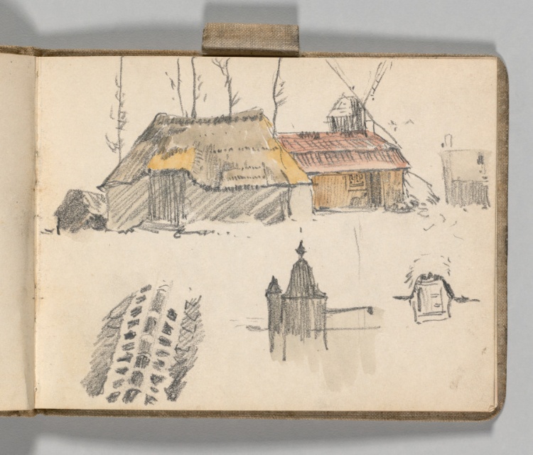 Sketchbook, Holland: Page 27, Study of Buildings with Windmill, Architectural Features, and Tire Track