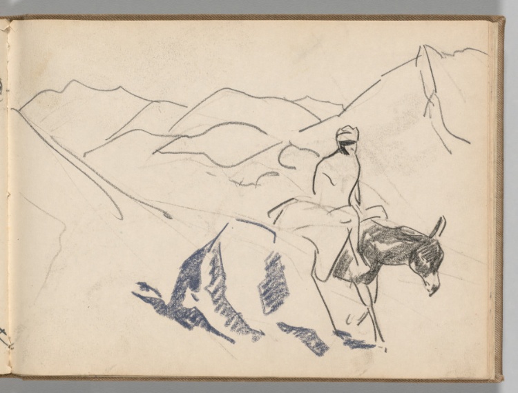 Sketchbook, Spain: Page 12, Figure and Donkey with Mountains