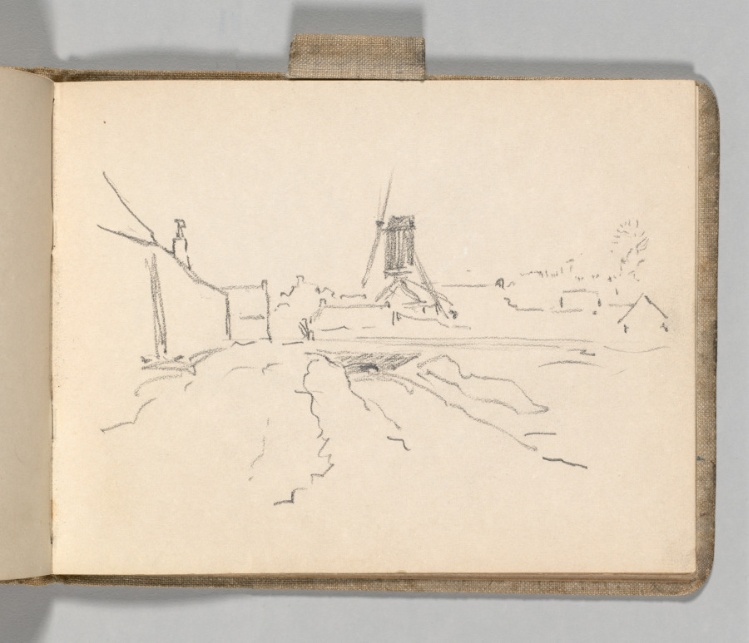 Sketchbook, Holland: Page 47, Landscape, Windmill, and Buildings