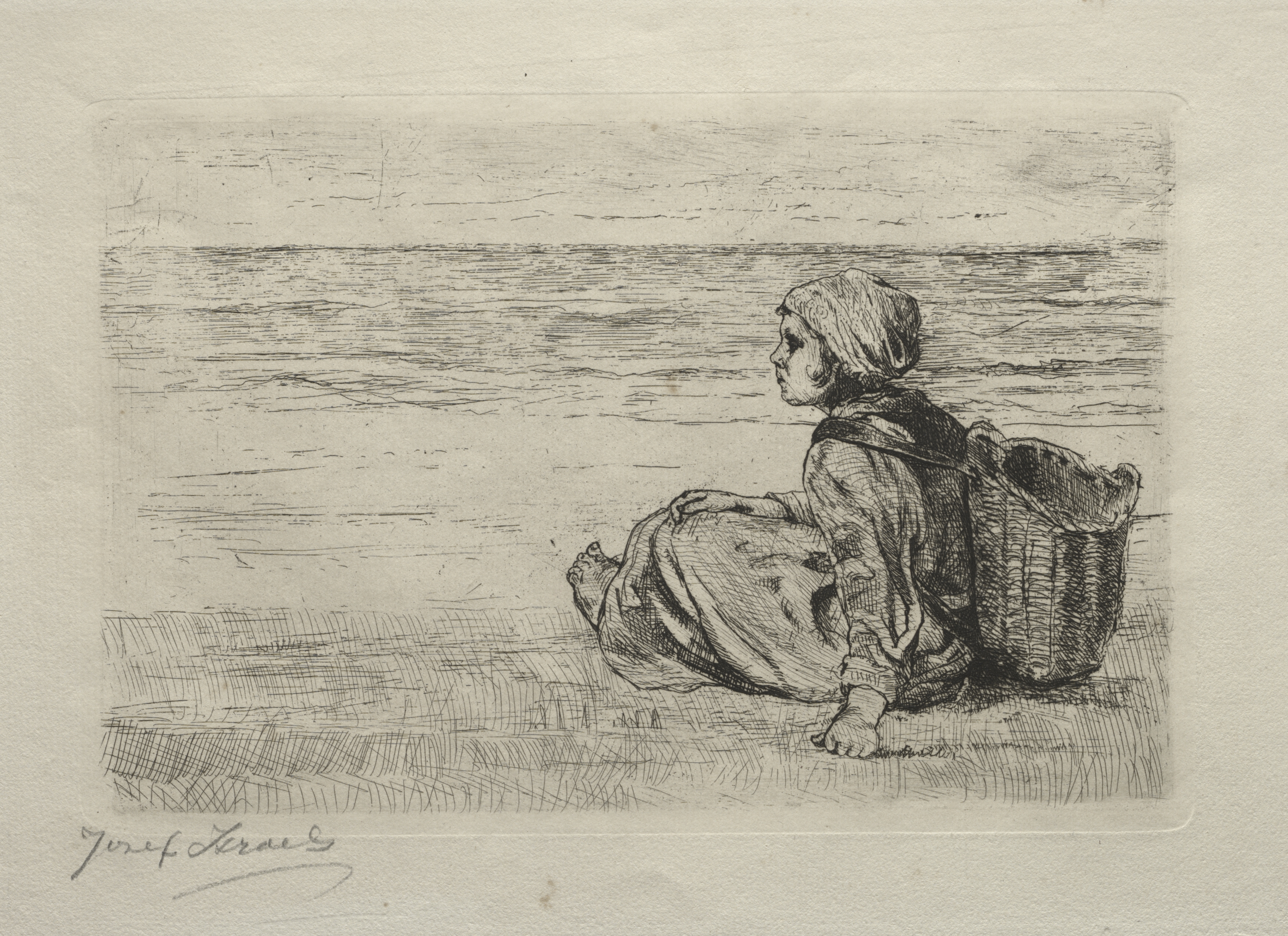 Girl with basket seated on the shore