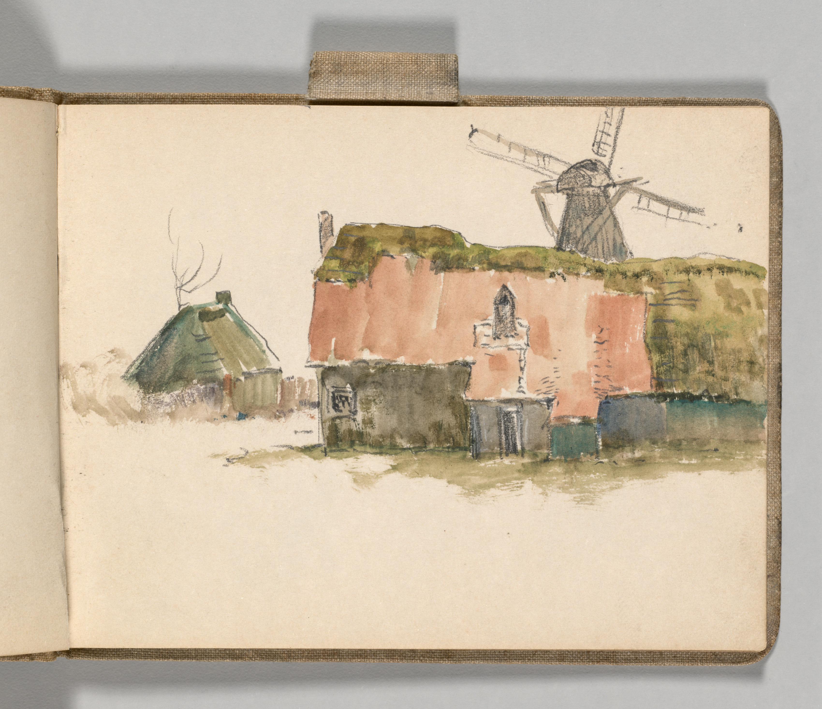 Sketchbook, Holland: Page 23, Windmill behind Buildings
