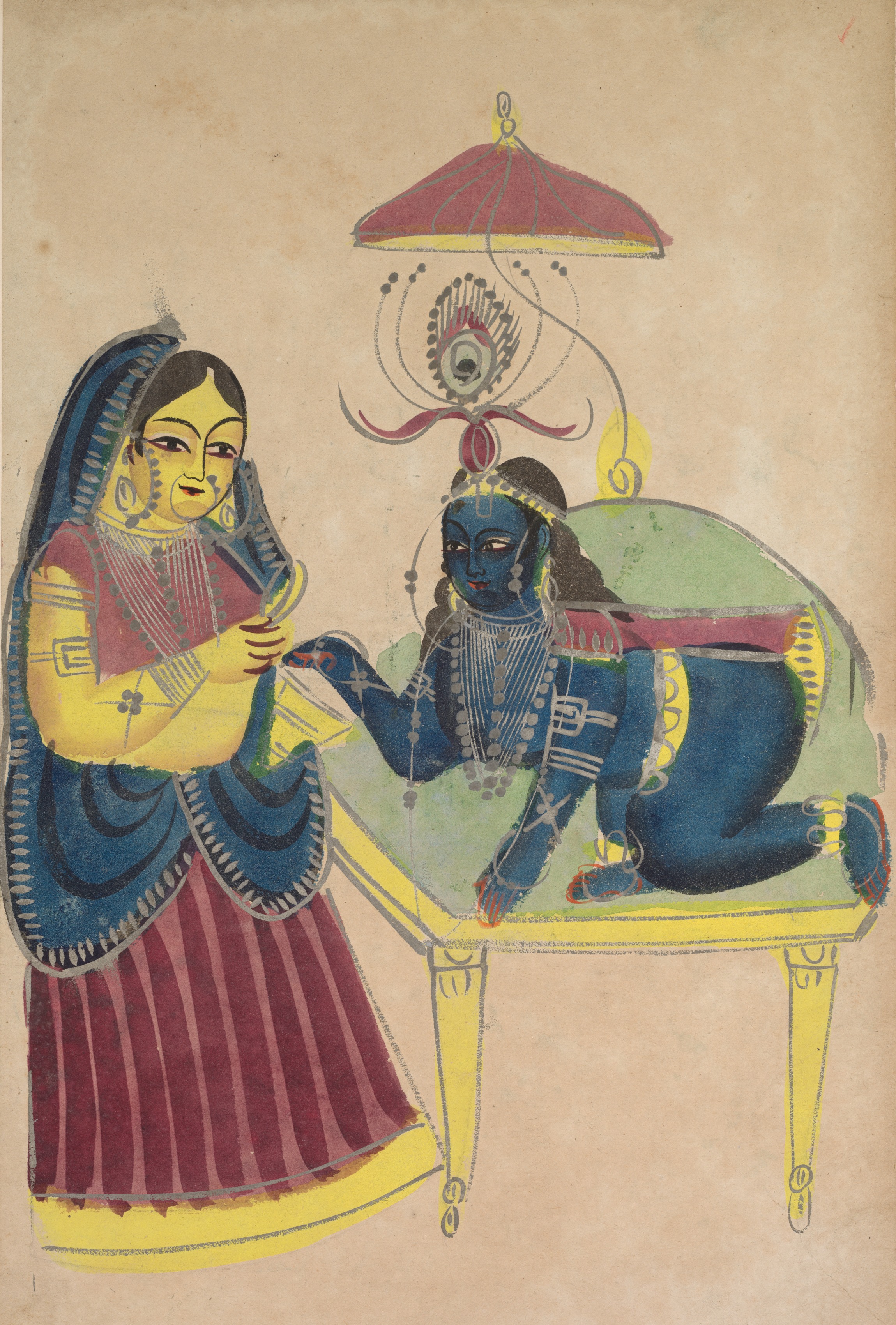 Baby Krishna Asking for Butter from Yashoda, from a Kalighat album