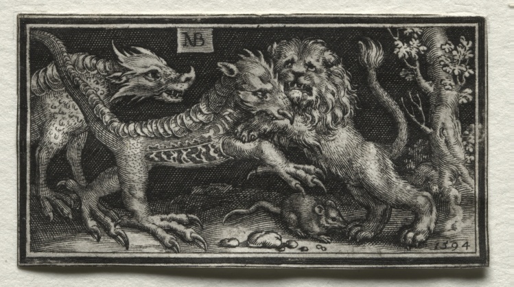 Lion Fighting two Beasts