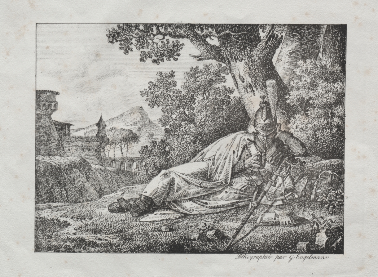 Receuil d'essais lithographiques:  Dragon fumant couche au pied d'un arbre