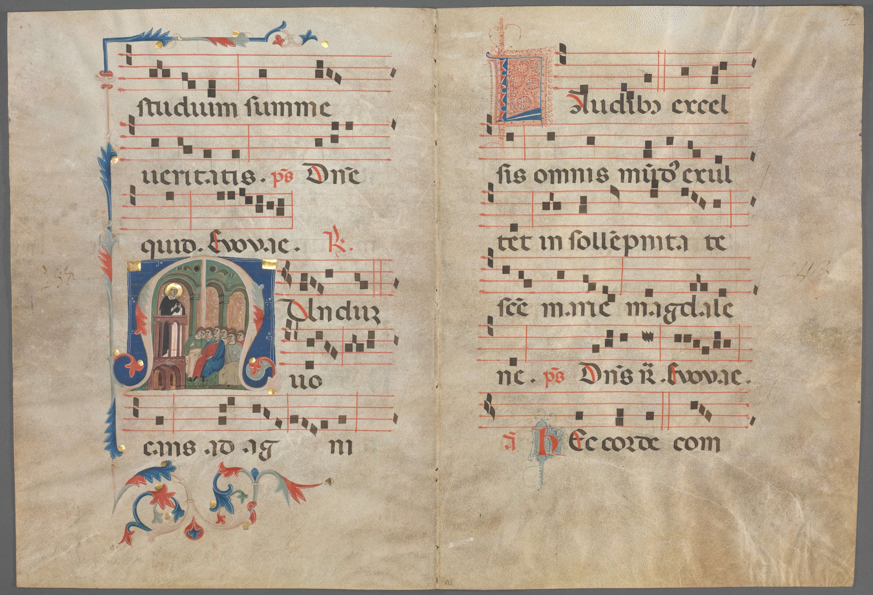 Bifolium from an Antiphonary: Initial M with Saint Dominic Preaching and Music