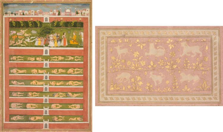 A Princess and Demons before a Nobleman: A Leaf from a Poetical Romance Relating to Shah Alam I (recto); Stenciled Scenes of Lion and Gazelle (verso)