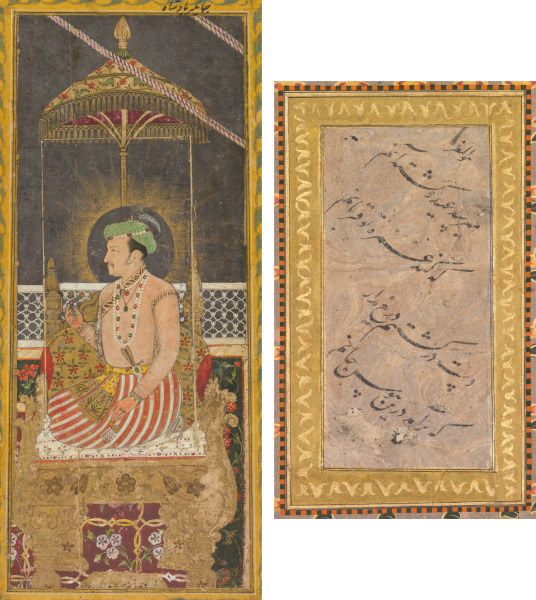 Posthumous portrait of Emperor Jahangir under a canopy (recto); Calligraphy (verso)