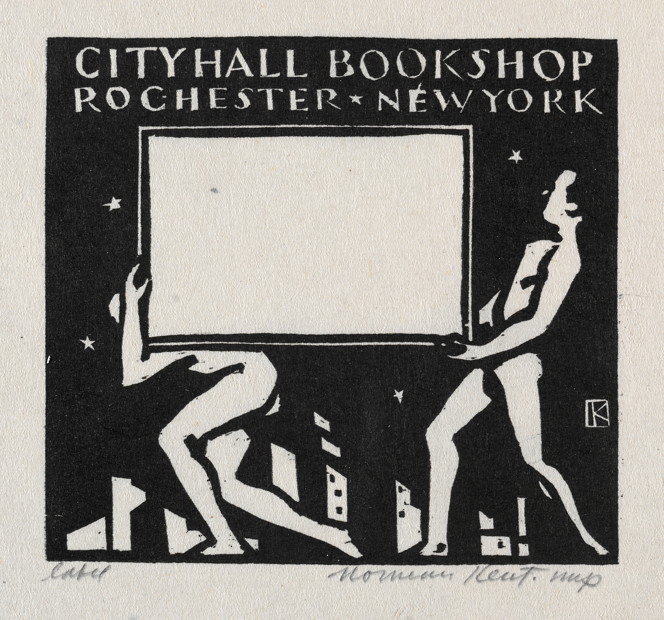 Label for City Hall Bookshop, Rochester, New York