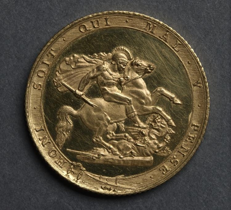 Sovereign: St. George Slaying the Dragon, within the Garter of the Order (reverse)