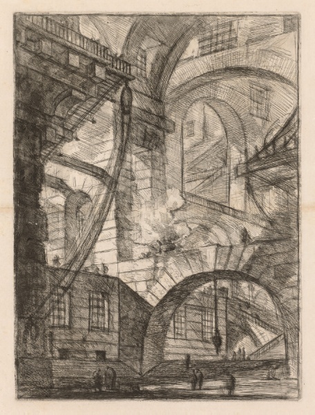 The Prisons:  A Perspective of Arches with a Smoking Fire