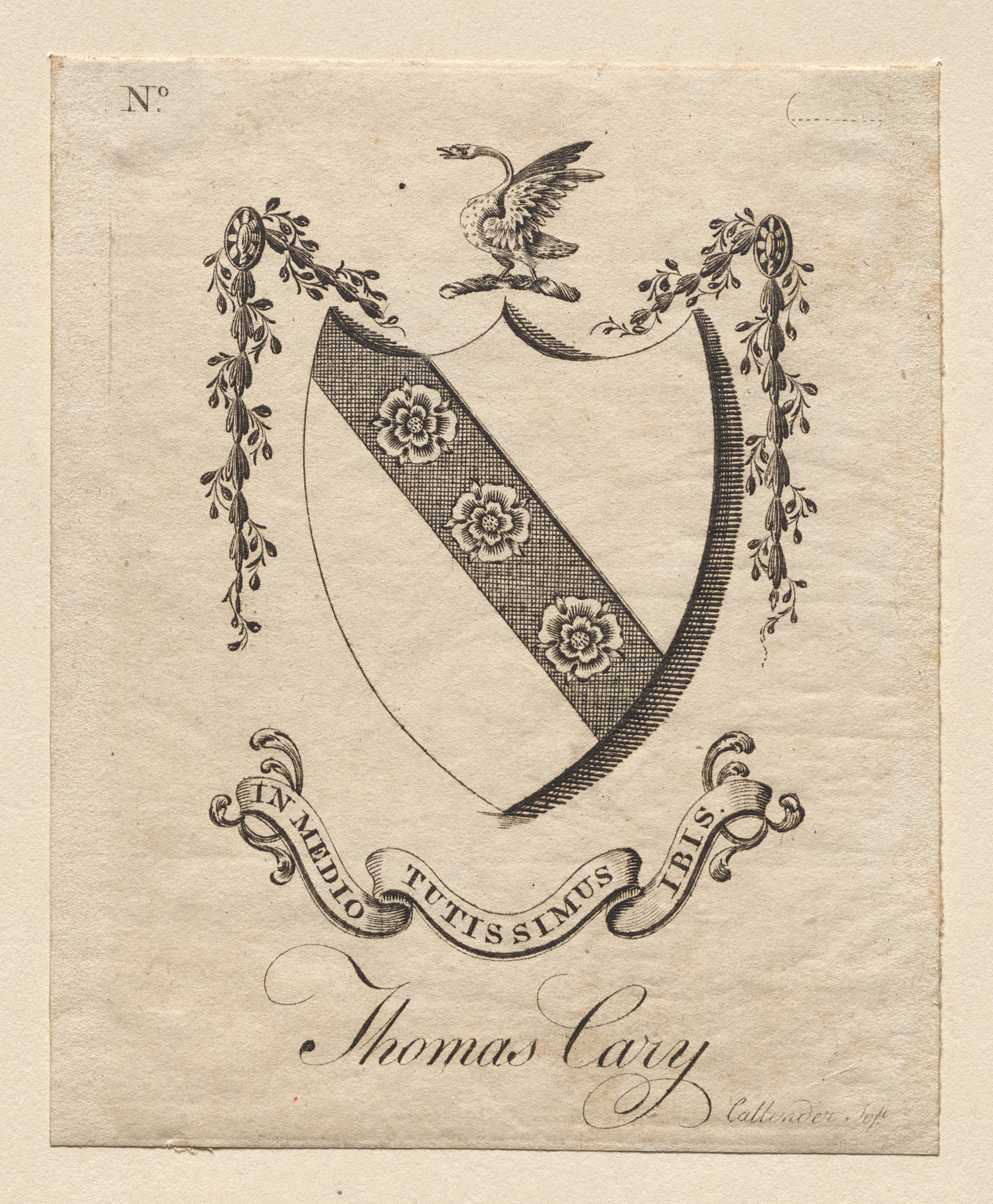 Bookplate:  Coat of Arms with Thomas Cary inscribed below