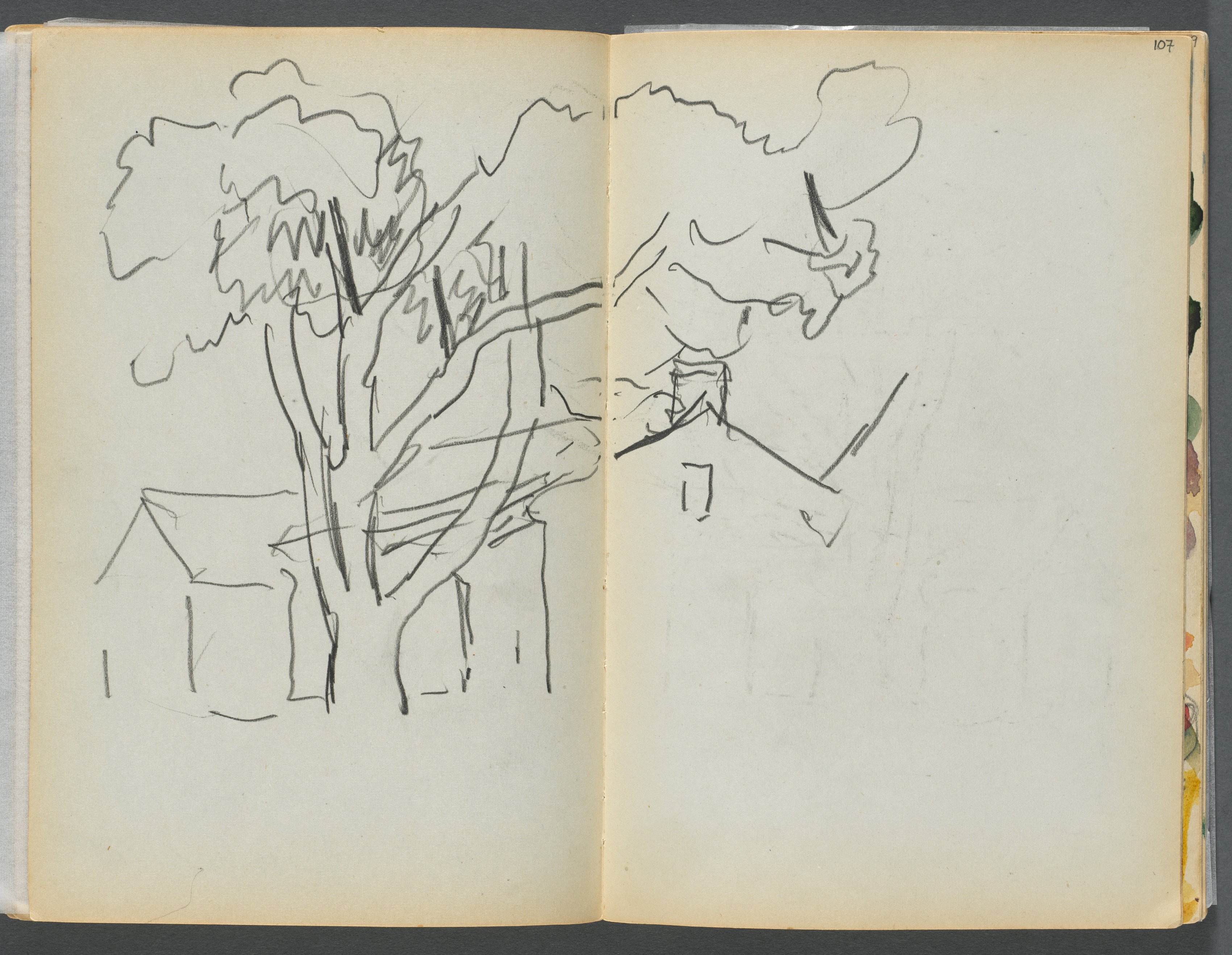 Sketchbook- The Granite Shore Hotel, Rockport, page 106 & 107: Tree with Houses 