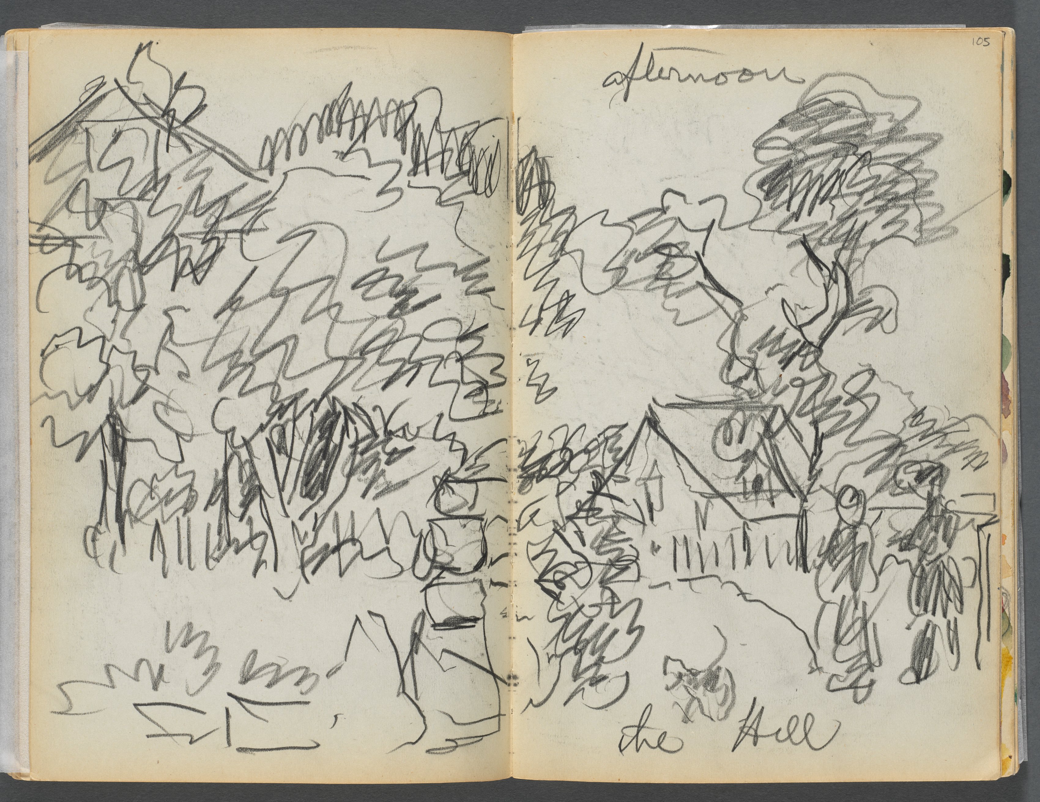 Sketchbook- The Granite Shore Hotel, Rockport, page 104- 105: "Afternoon , the hill"