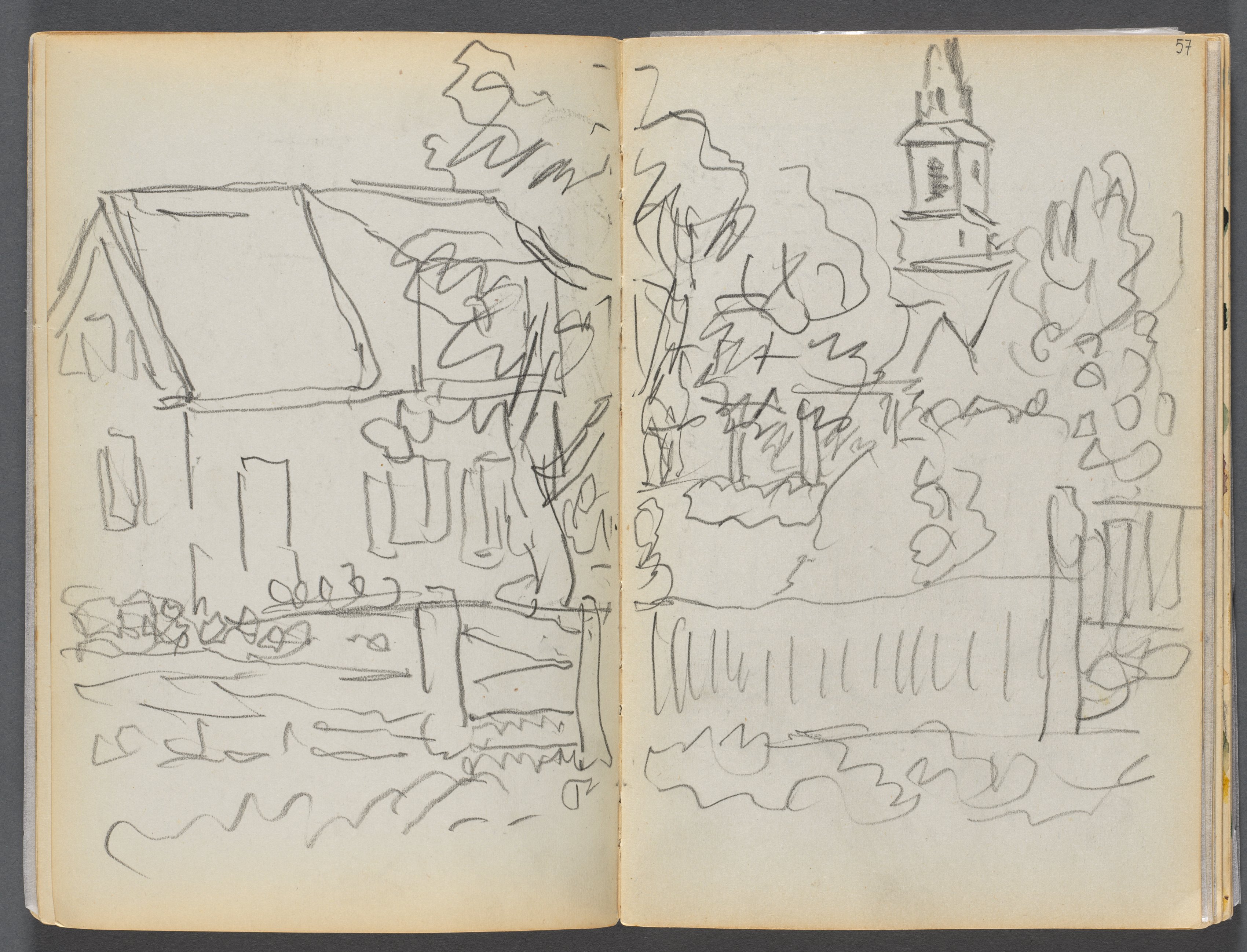 Sketchbook- The Granite Shore Hotel, Rockport, page 056 & 57: Village Scene with Church 