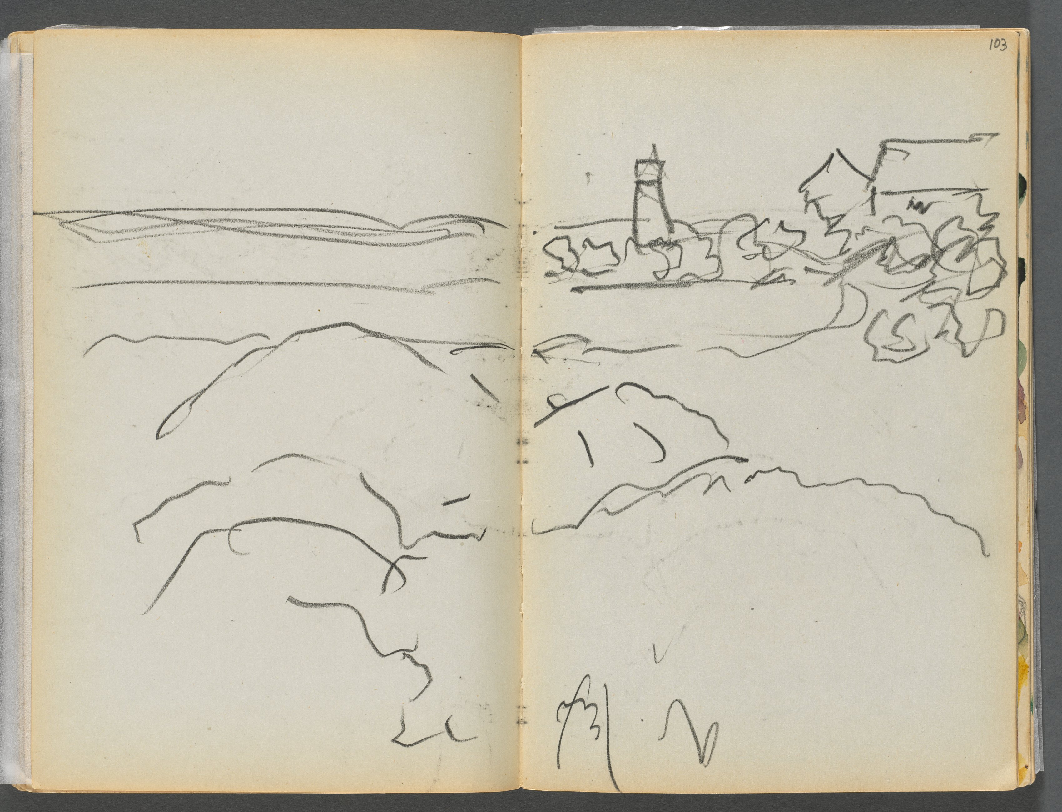 Sketchbook- The Granite Shore Hotel, Rockport, page 102 & 103: Harbor View with Lighthouse 