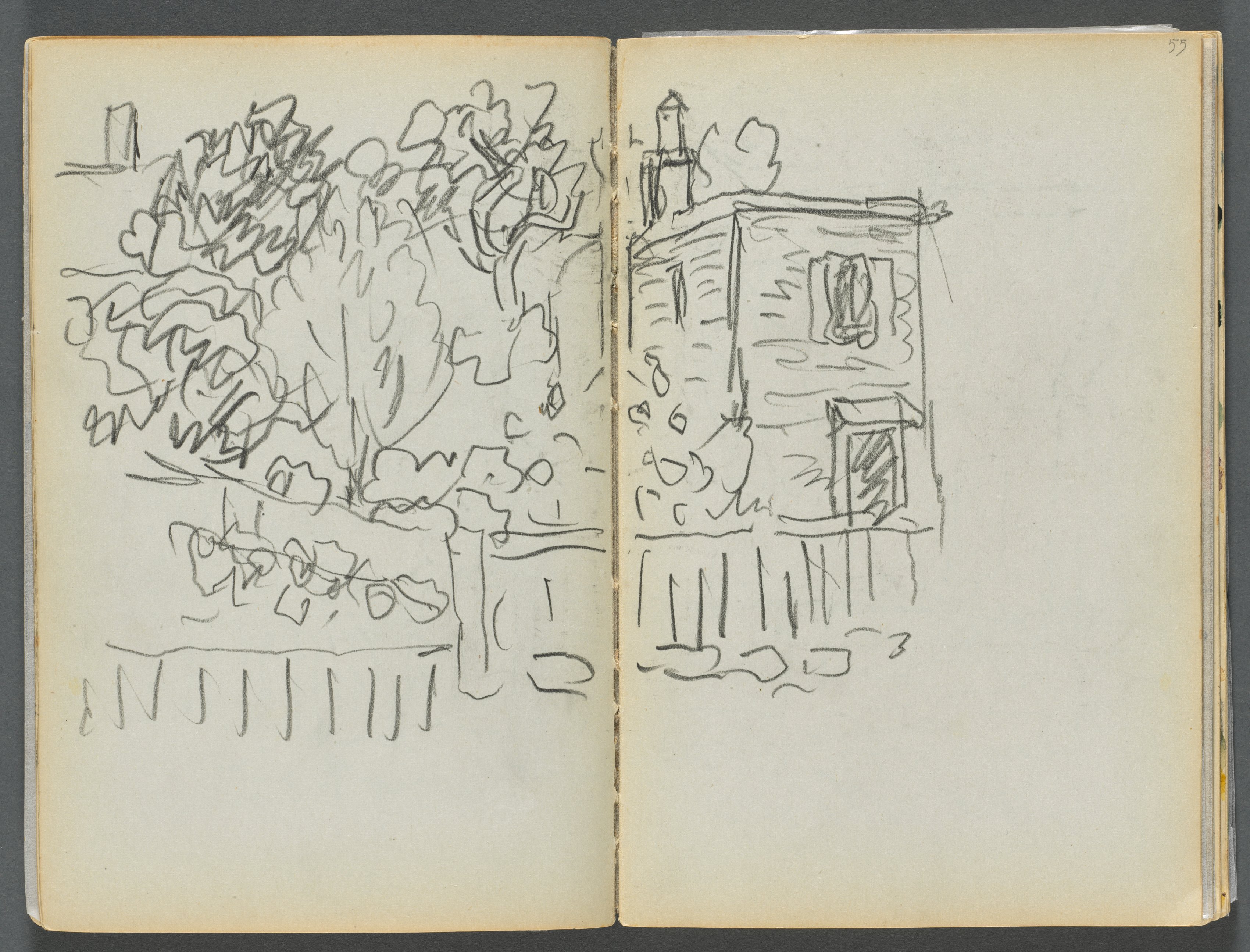 Sketchbook- The Granite Shore Hotel, Rockport, page 054 & 55: House and Fenced Garden 