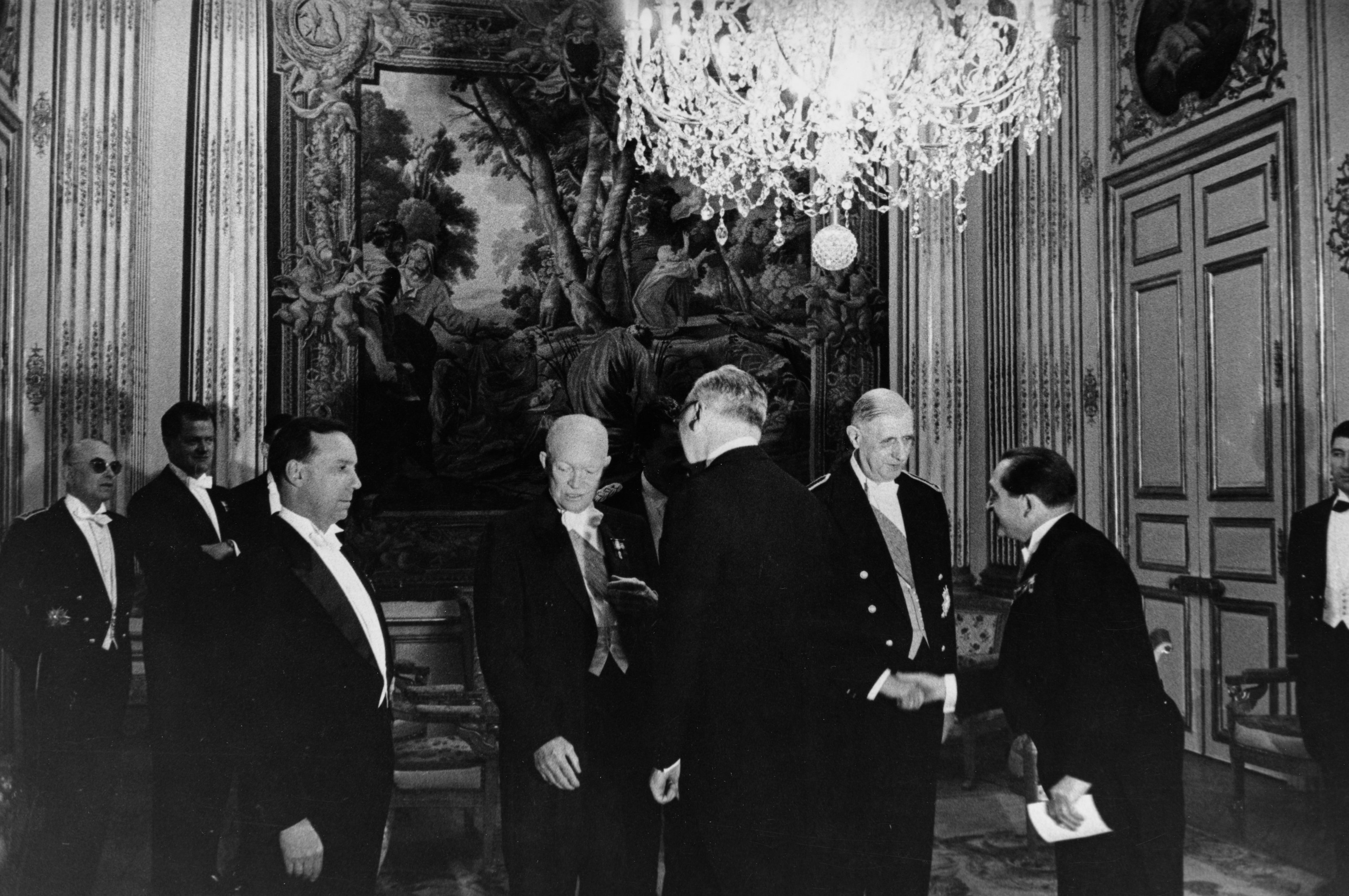 Presidents Dwight D. Eisenhower and Charles de Gaulle Greeting Guests