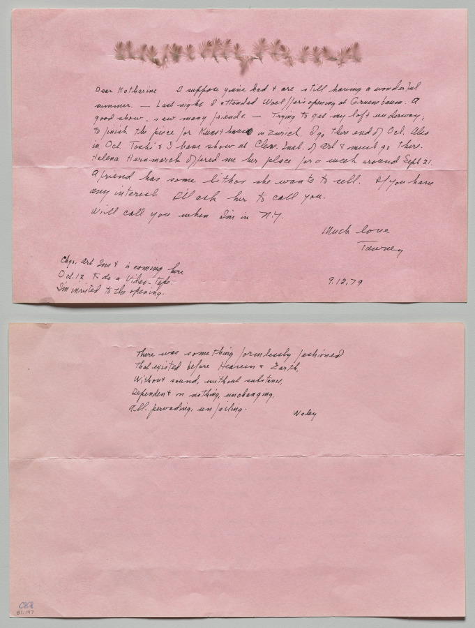 Pink Letter with Feather Collage, Lenore Tawney, 1979