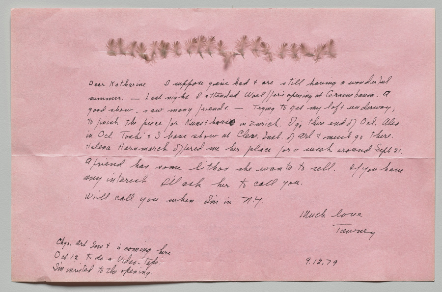 Pink Letter with Feather Collage (recto), Lenore Tawney, 1979