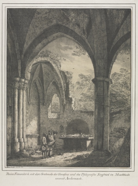 Notable Buildings of the Middle Ages in Germany:  Ruins of the Church of the Virgin with the Tomb of Genevieve and Siegfried, Count Palatine of the Rhine, in the Moselle Valley near Andernack