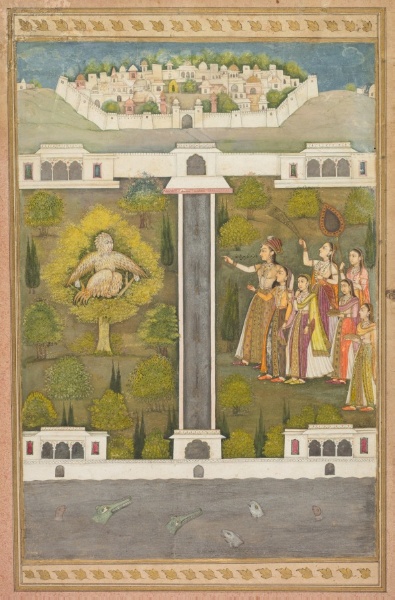 Mahliqa, Daughter of the Emperor of China, Pointing at the Bird-Man Khwaja Mubarak: A Leaf from a Poetical Romance Relating to Shah Alam I (recto)