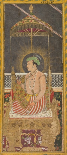 Posthumous portrait of Emperor Jahangir under a canopy (recto)