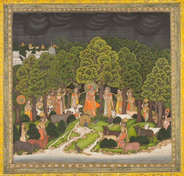 Radha and Krishna meet in the forest during a storm