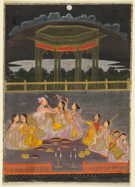 A prince celebrating Holi with palace women on a terrace at night (recto)