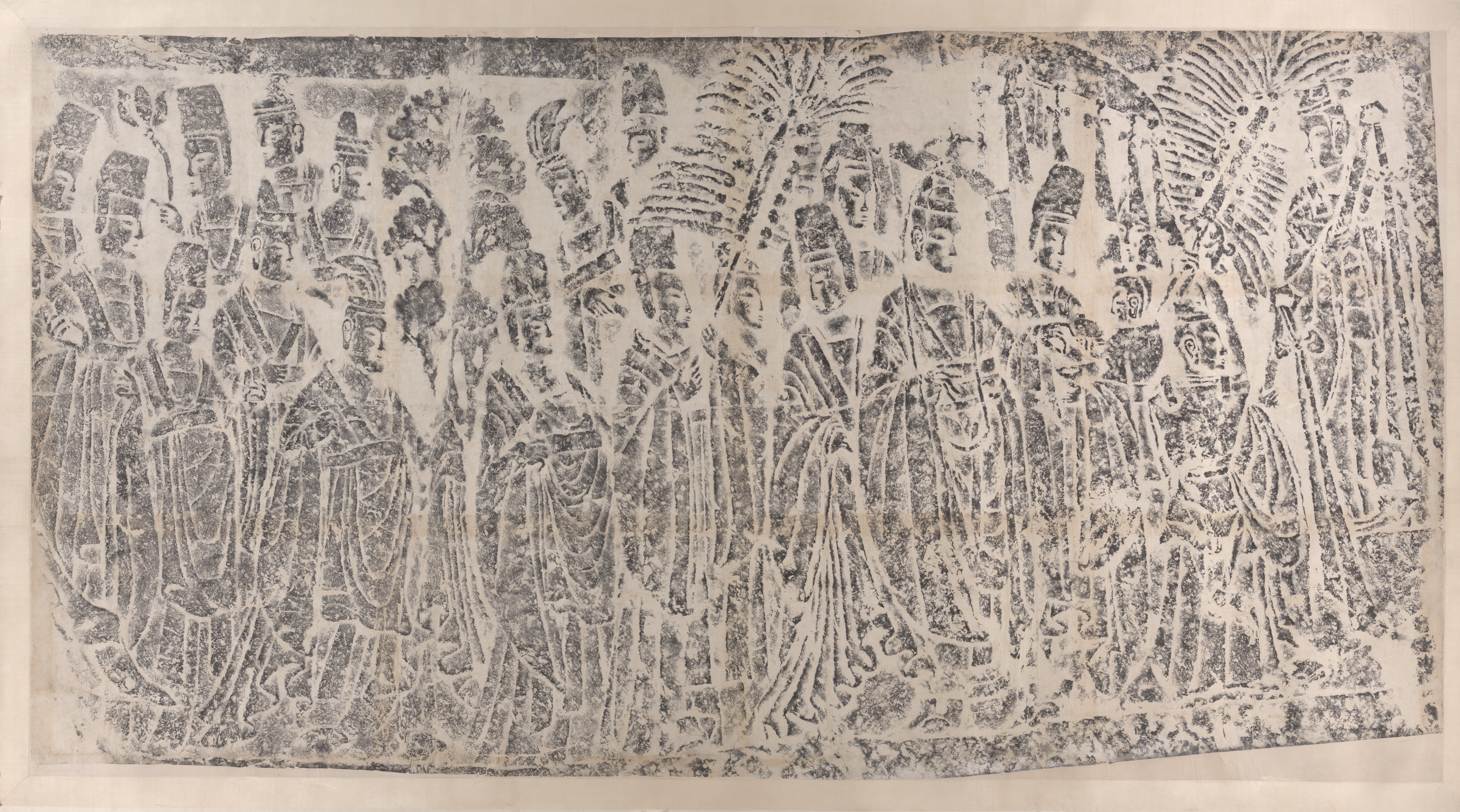 Rubbing of Imperial Procession with Emperor, taken from Northern Wei dynasty (386–534) Central Binyang Cave, Longmen, Henan Province