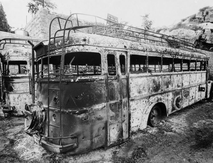 Burned Out Bus at the Bus Station in the Old City of Jerusalem After the Six Day War, Jerusalem, Israel