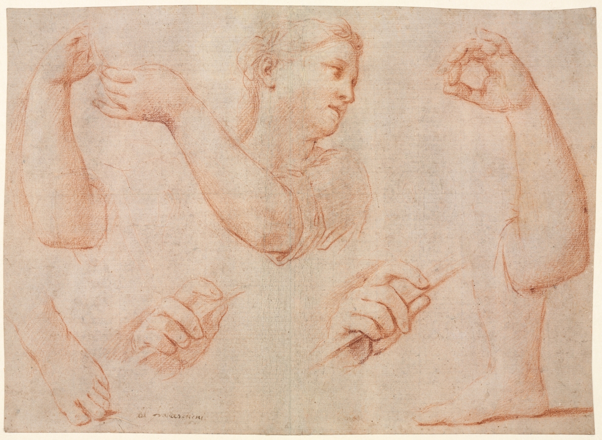 Study of a Young Woman Playing a Tambourine, and Studies of an Arm, Hands, and Feet (Studies for  "Miriam Leading the Chorus of Women Who Give Thanks for the Routing of Pharoah"
