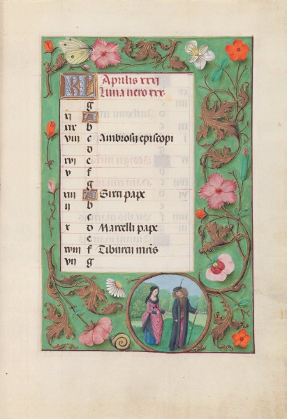 Hours of Queen Isabella the Catholic, Queen of Spain:  Fol. 5r, April - Squire and Damsel