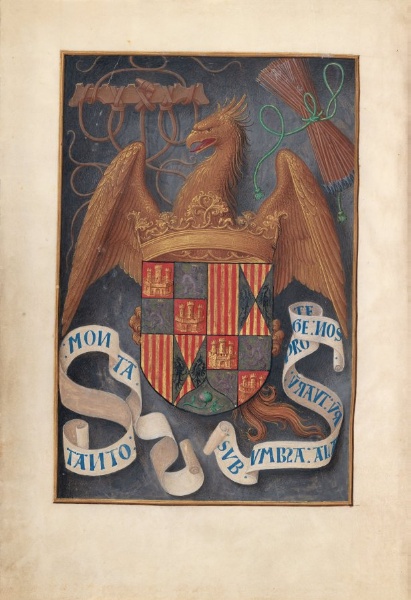 Hours of Queen Isabella the Catholic, Queen of Spain:  Fol. 1v, Arms and Mottoes of Isabel la Católica