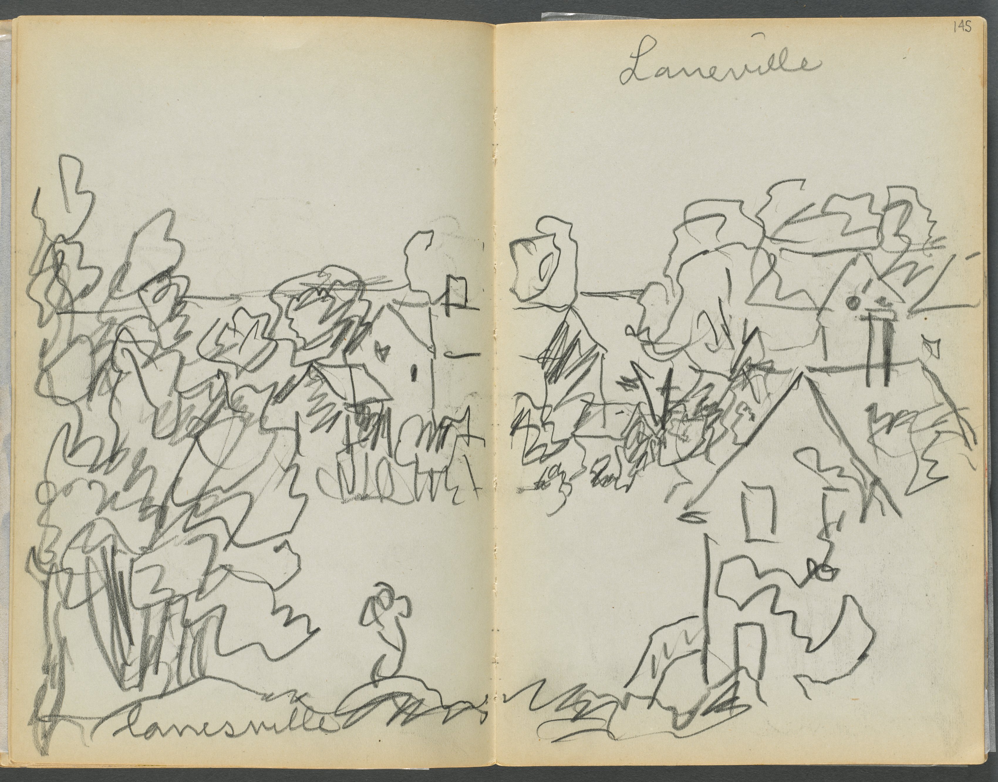 Sketchbook- The Granite Shore Hotel, Rockport, page 144 & 145: "Lanesville" 